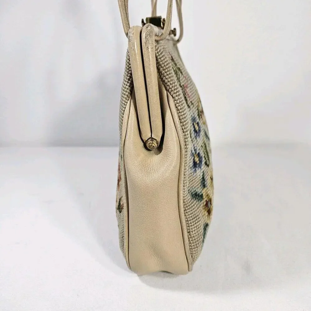 Vintage 1950's Mid Century Needlepoint Floral Purse Handbag Pocket Beige - Picture 7 of 13